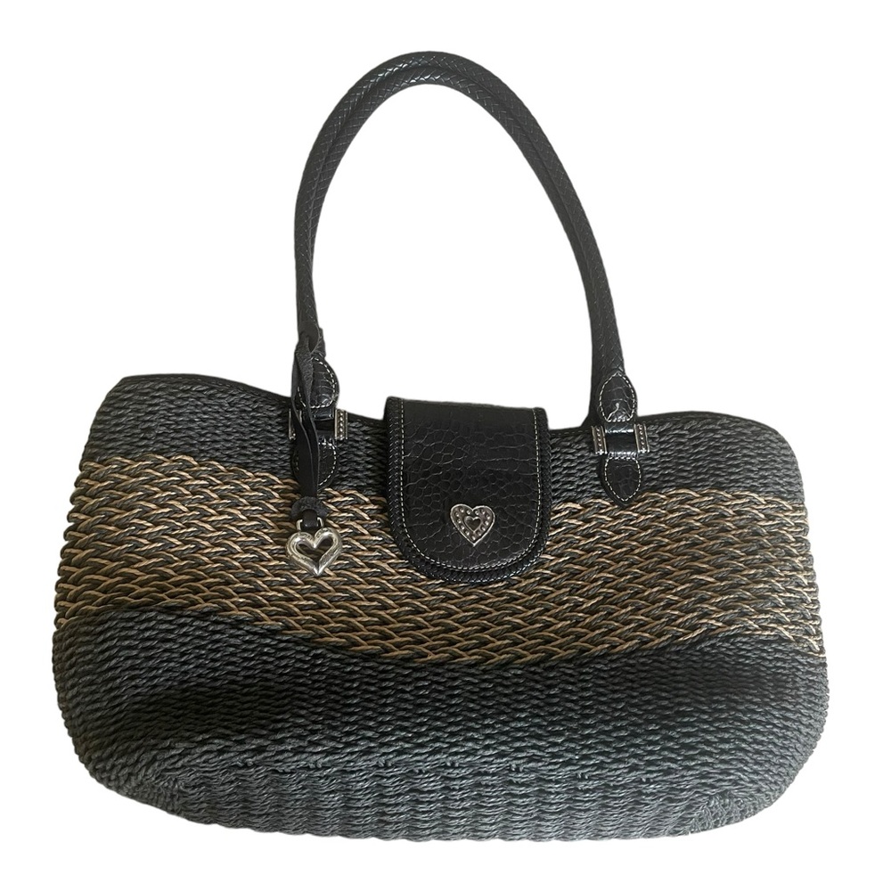 Brighton READ Savannah Black/ Beige Straw Woven Tote Purse Shoulder Handbag